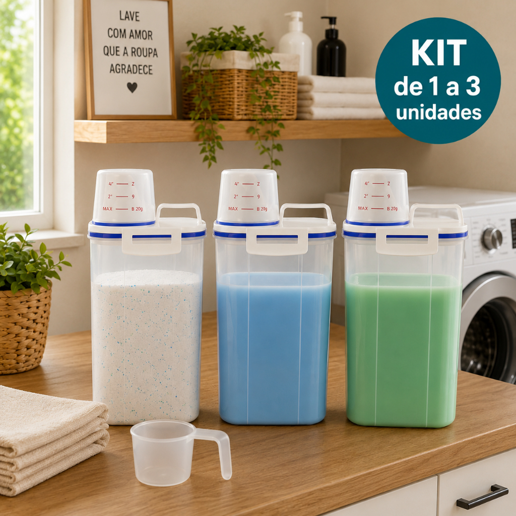 1 a 3 Potes Herméticos 2L Para Lavanderia Com Vedação P/ Sabão em Pó Amaciante Produtos de Limpeza Organização Total