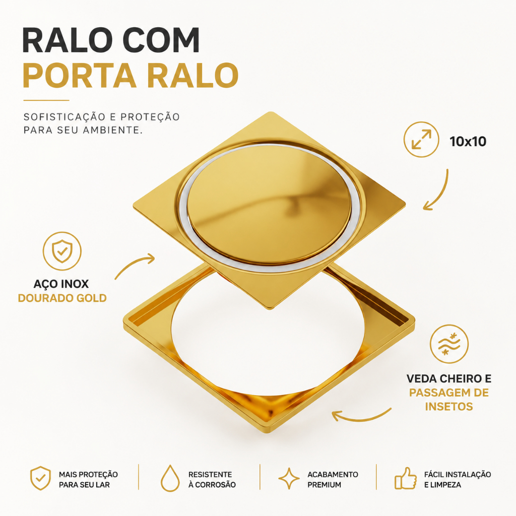 Ralo Click Inteligente 10x10 Banheiro Inox 304 Dourado Gold Quadrado Para Banheiro + Porta Ralo