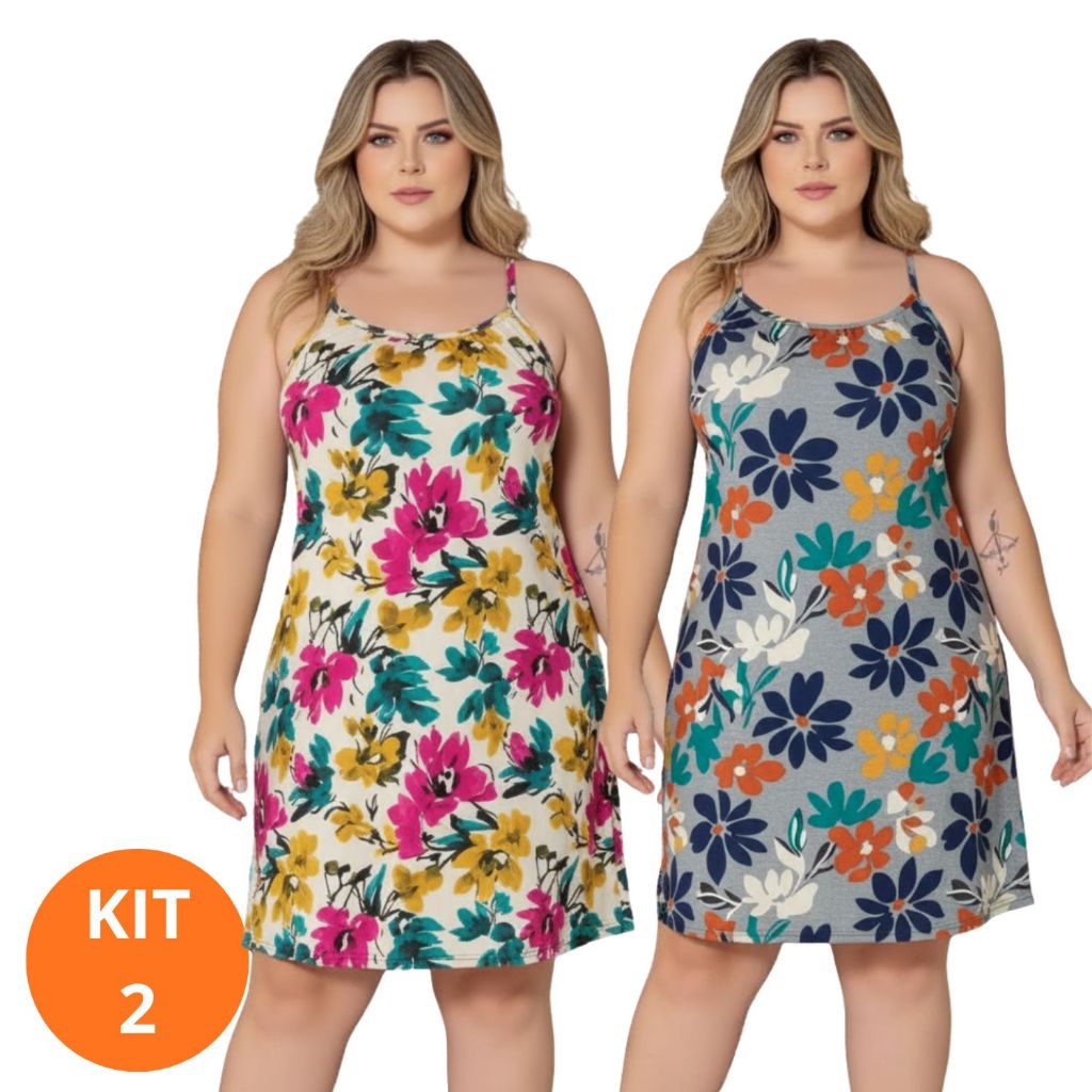 Kit 2 vestidos femininos de alcinha liganete estampados plus size G1 e G2 cores e estampas variadas