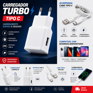 Carregador Turbo Tipo C Fast Charge para Samsung Galaxy S20 S21 S22 A30 A31 A32 A50 A51