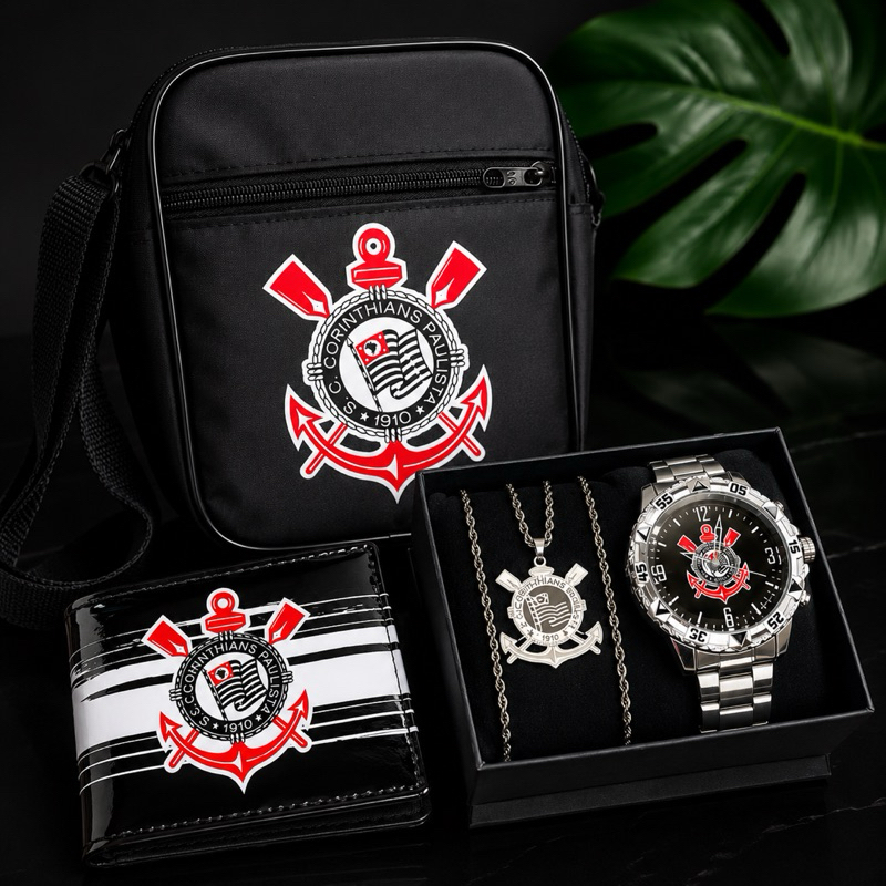 Kit 4 Peças CP Masculino Completo – Relógio, Corrente, Bolsa e Carteira