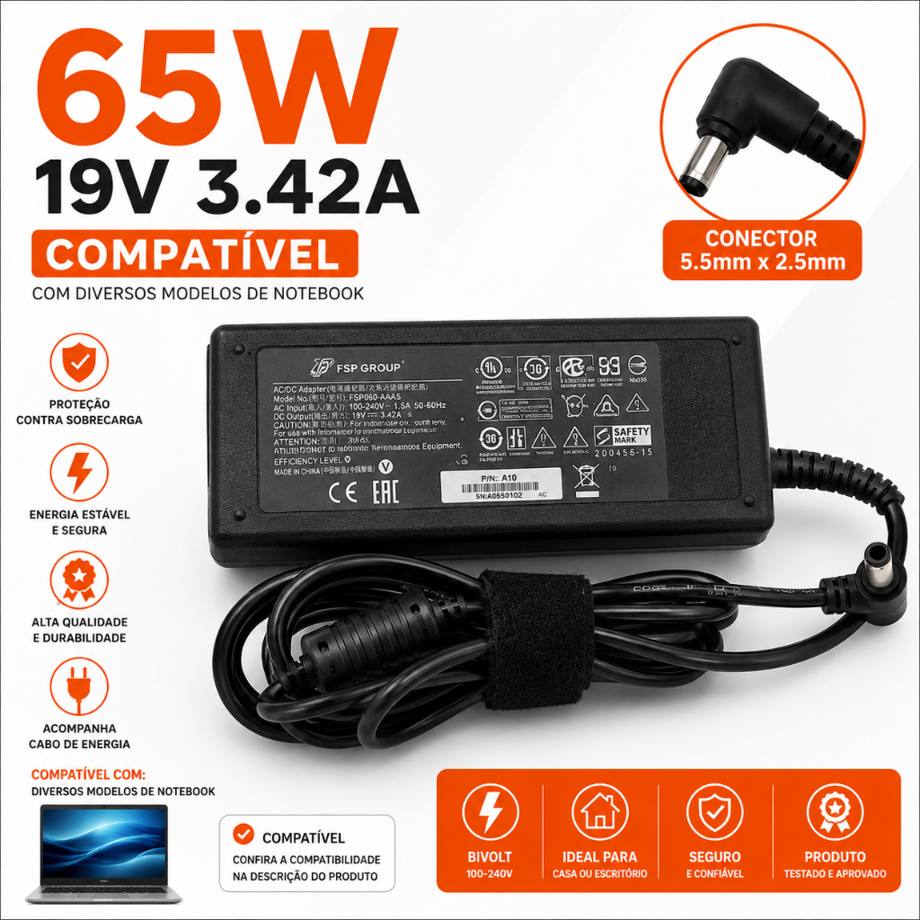 Fonte Carregador compatível com Positivo 19v 3,42a Master N50, Mobile R46, Premium 750