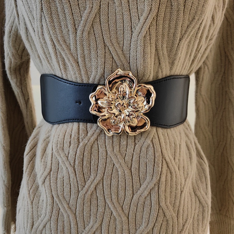 Cinto Largo Elástico Feminino, Fivela Flor Dourada, Couro Sintético, Cinturão Ajustável para Vestidos e Casacos