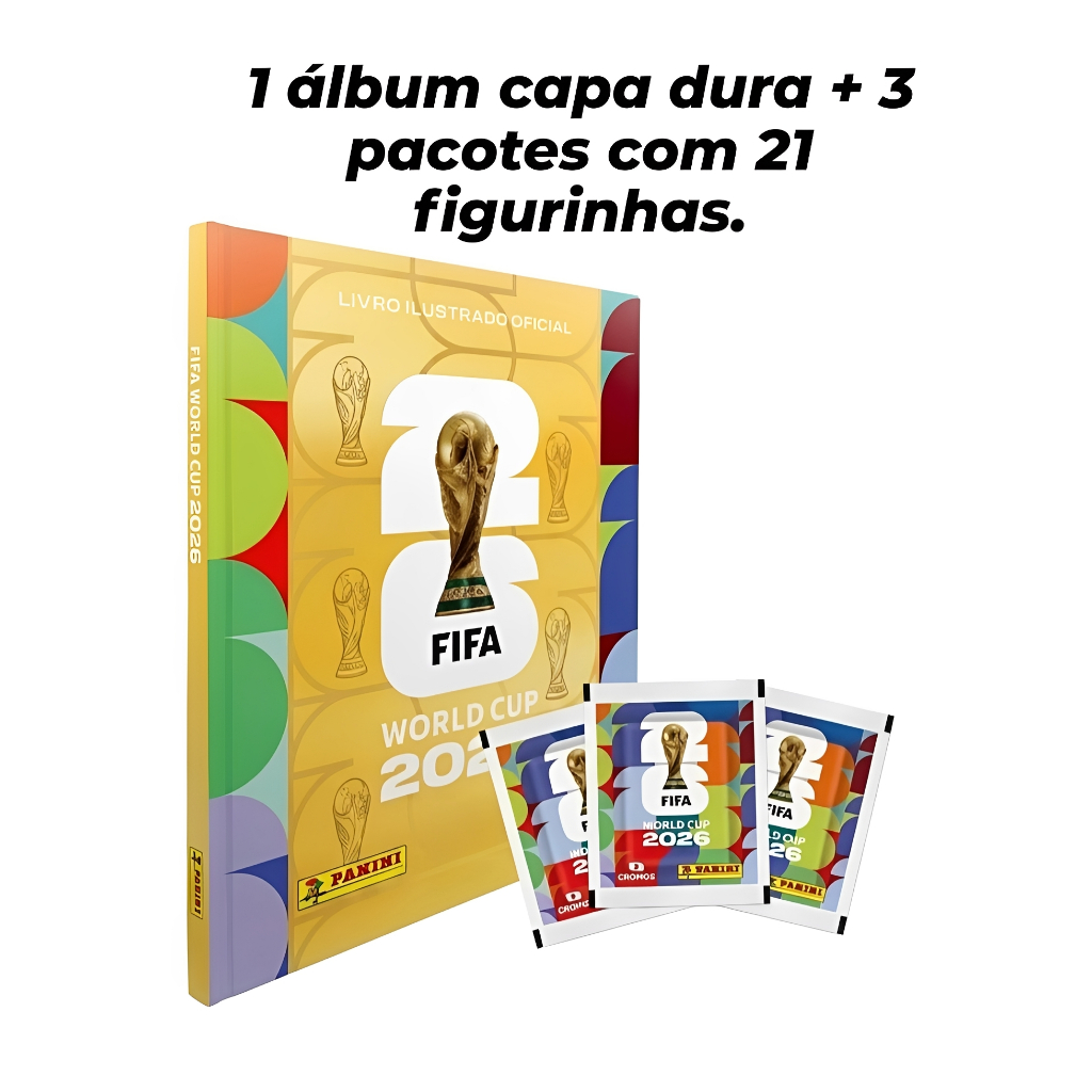 Kit Álbum Capa Dura ou Capa Mole + 3 Pacotes  Figurinhas Copa do Mundo 2026 Oficial FIFA
