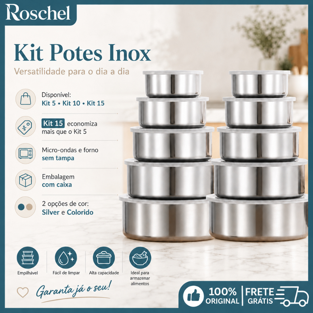 Kit Jogo 5/10/15 Potes Tigelas Inox Alumínio Com Tampa Redondo Para Alimentos Salada, Frutas e Carne