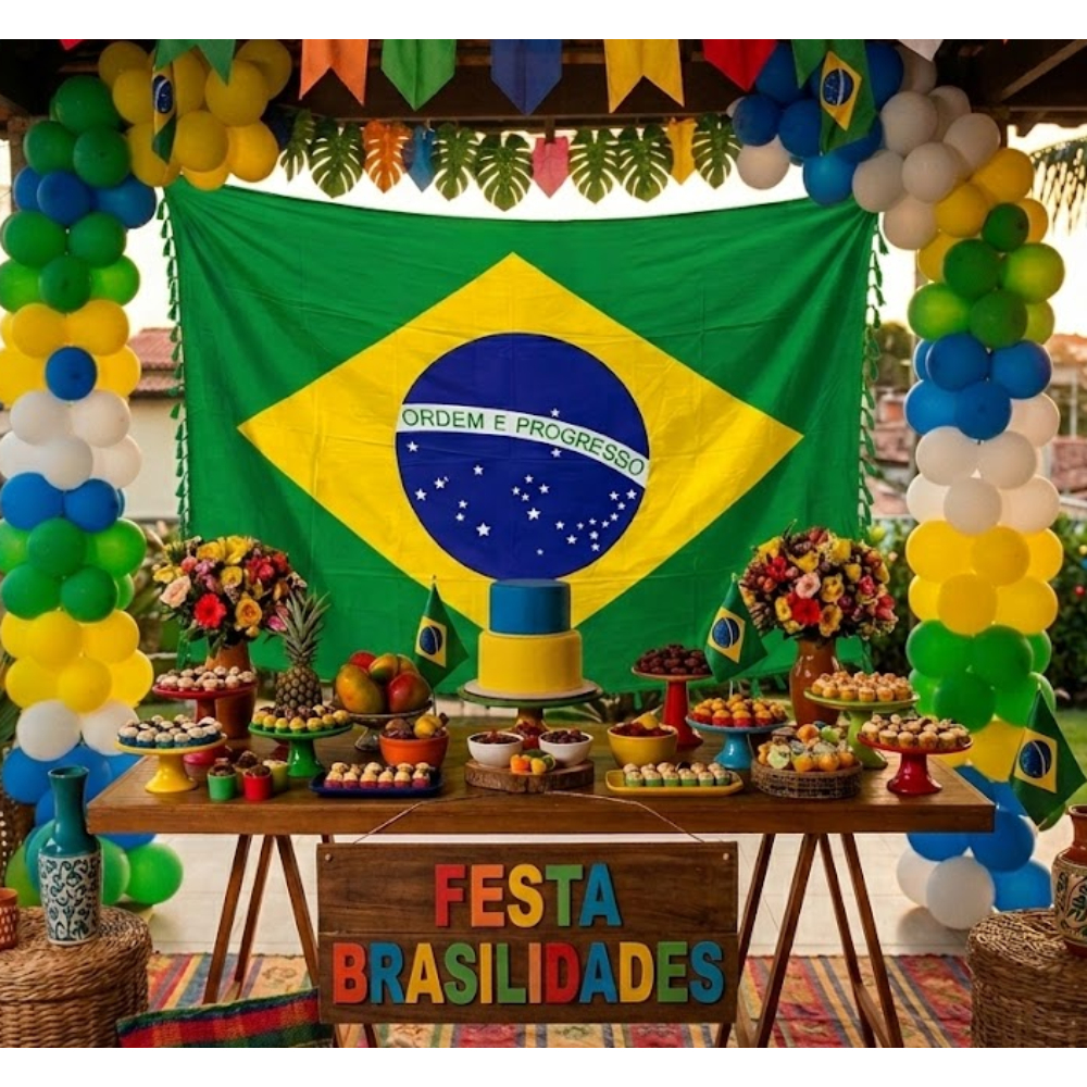 Bandeira do Brasil Canga de praia e painel para festas temáticas Brasilidades e Copa do Mundo.