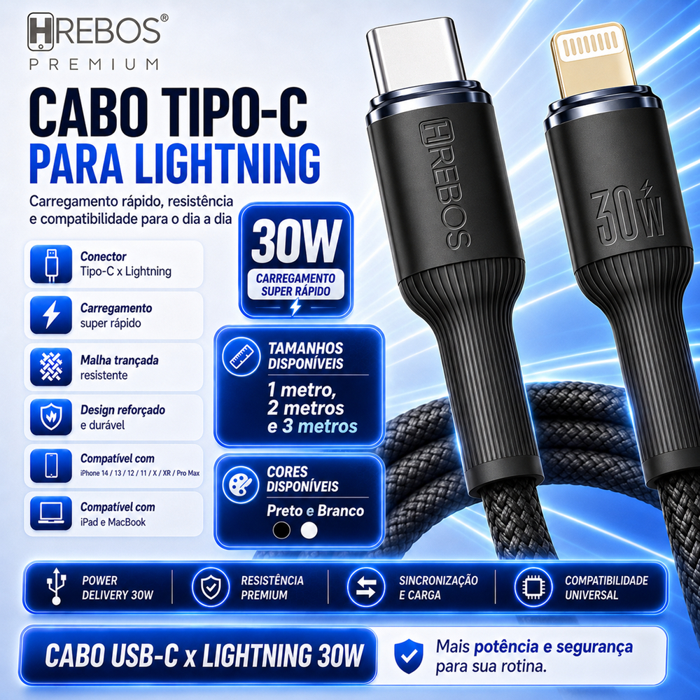 Cabo Compatível iPhone 14 13 12 11 X XR Pro Max iPad MacBook Tipo C Lightning Branco Preto 1m 2m 3m