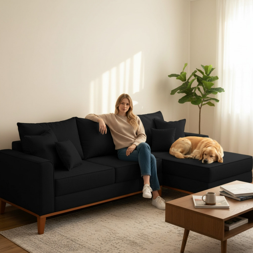 Sofá 3 Lugares Beny com Chaise Direito Corino Preto