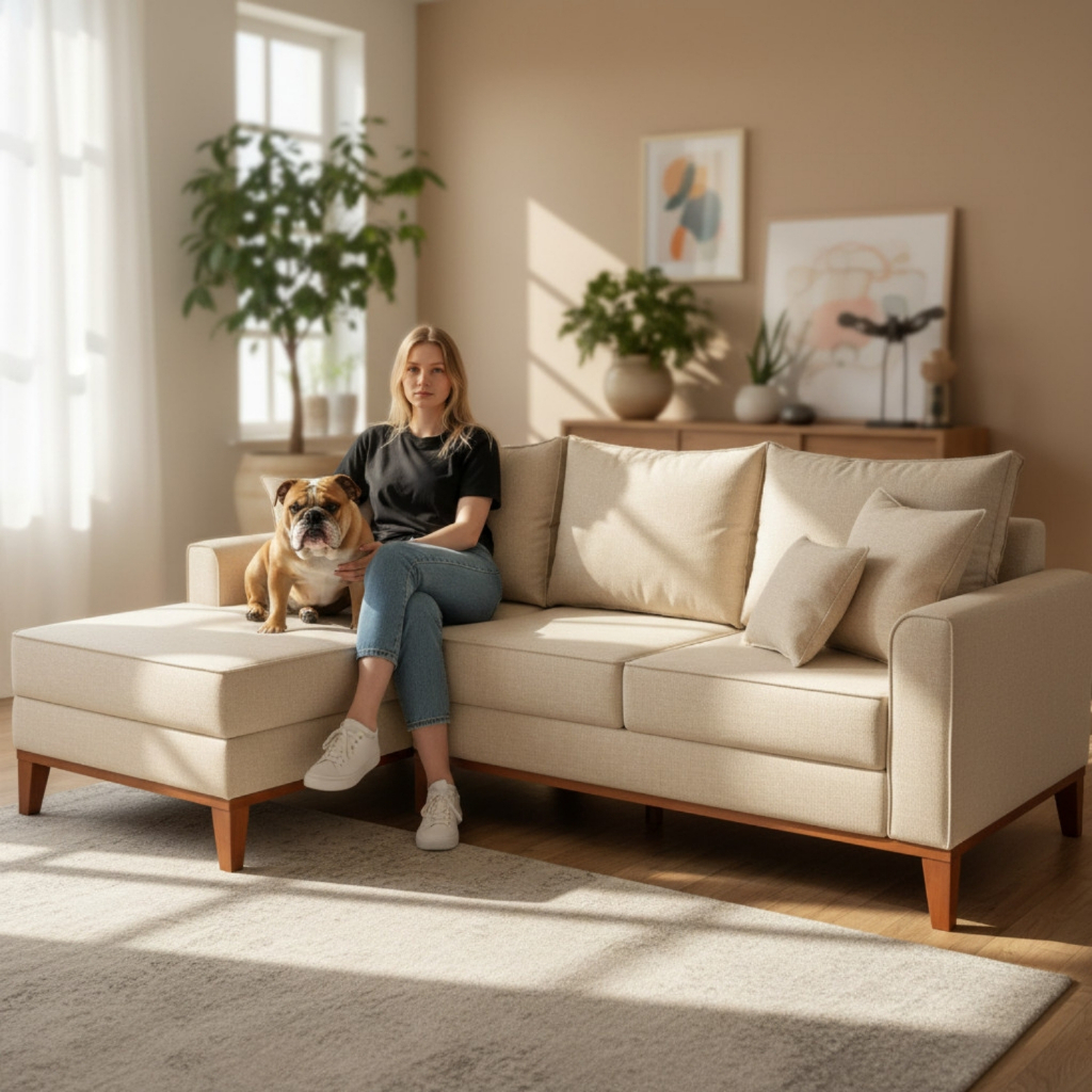 Sofá 3 Lugares Beny com Chaise Esquerdo Suede Bege