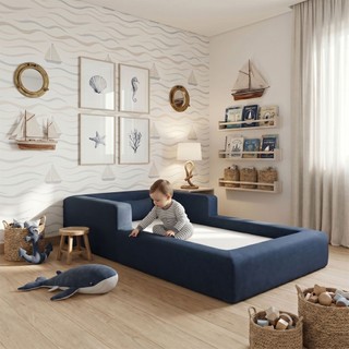 Cama Montessoriana Solteiro Aconchego 100% Espuma Azul Marinho Keiko