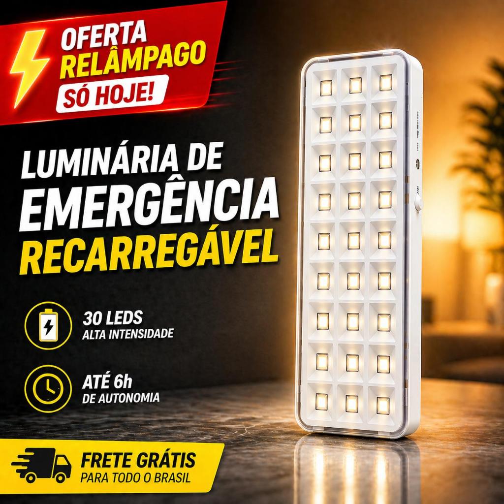 Kit Luminárias De Emergência Luminária LED 30 Leds Bateria Recarregável Luz de Segurança Bivolt Branco Frio Portátil