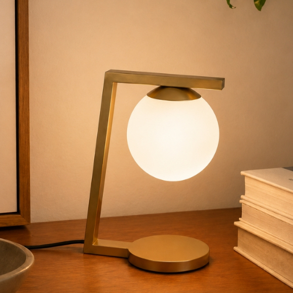 Luminária de Mesa  Cherry Globo  Vidro  Dourado Champagne  Quarto  Sala Decoração  Abajur Base Plana