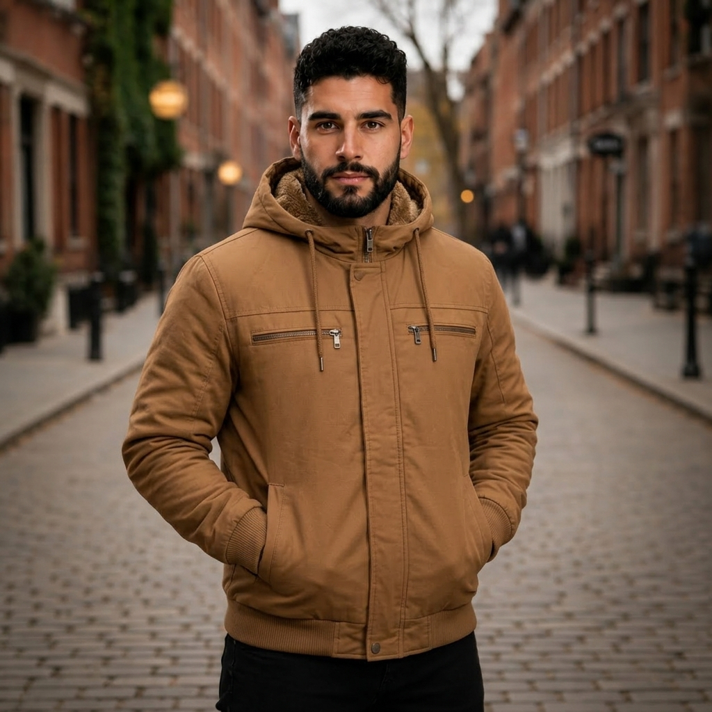 Jaqueta Masculina Sarja com Capuz Removivel Forrada Peluciada Frio Casaco Masculino Plus Size