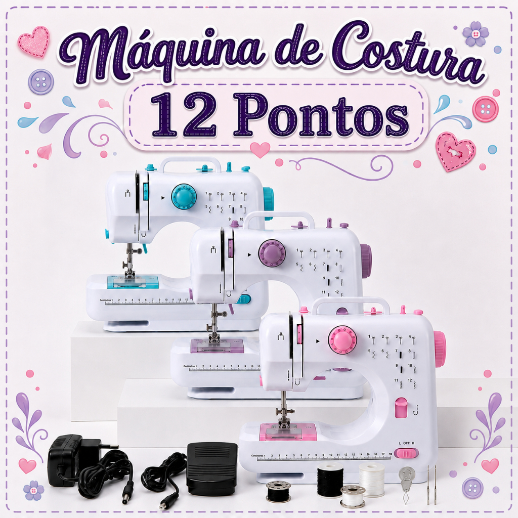 Máquina De Costura Elétrica Portátil 12 Pontos +  Pedal, Bobinas, Linhas e Fonte Bivolt 110v/240v