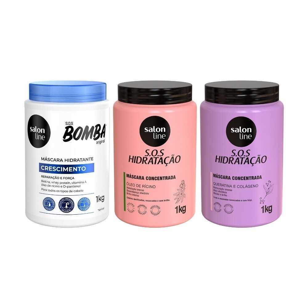 Kit com 2 Máscaras de Hidratação SOS Hidratação + 1 Máscara de Hidratação SOS Bomba Original Salon Line