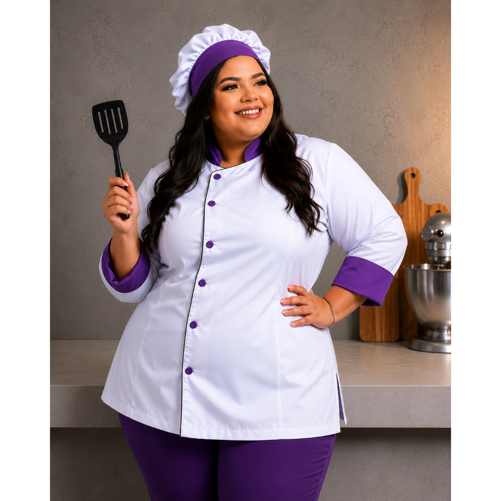 Kit Dolmã + Touca Feminina Chef Cozinha Confeiteira Oxford Manga 3/8 Botão Nome Bordado Gastronomia Restaurante Doma