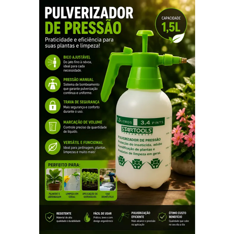 Pulverizador Pressão - 1,5 L - Verde uso doméstico, jardinagem, cuidados com plantas, Borrifador Pressurizador