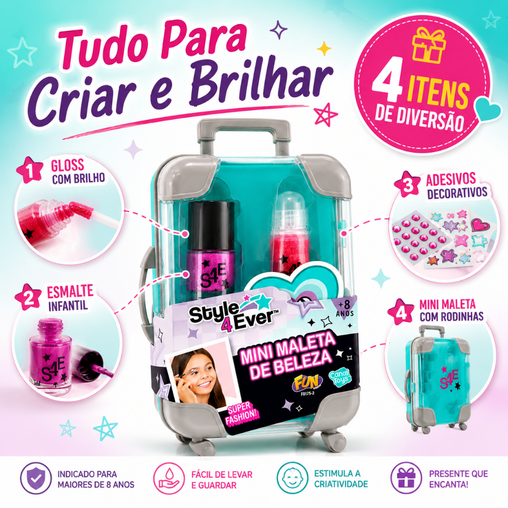 Mini Maleta De Beleza Infantil Style 4 Ever Com Gloss Esmalte E Adesivos +8 Anos Fun F0175-2
