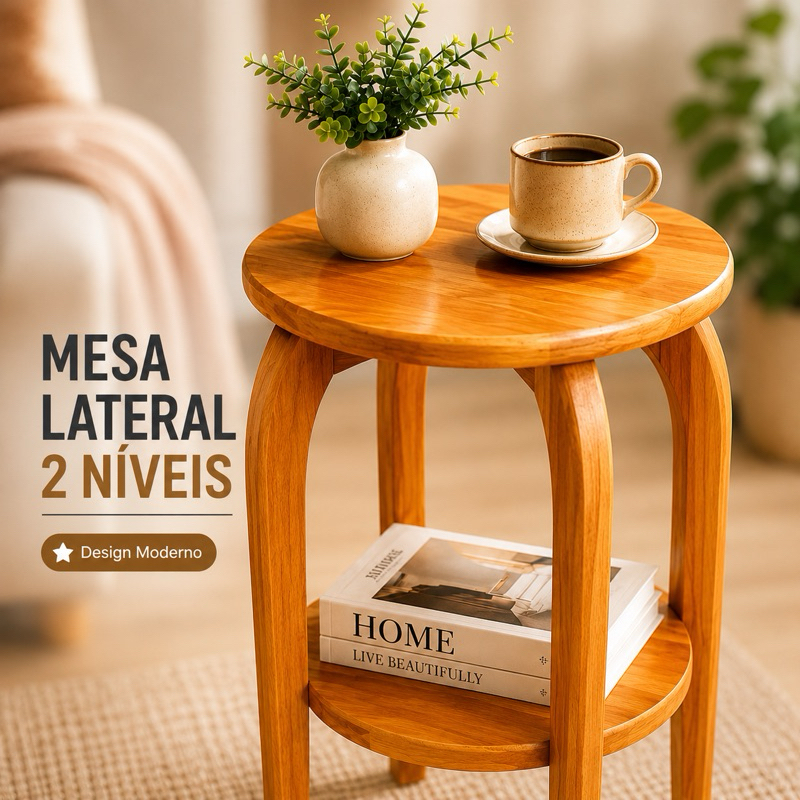Mesa Lateral Redonda de Madeira com Prateleira Decorativa Moderna Premium