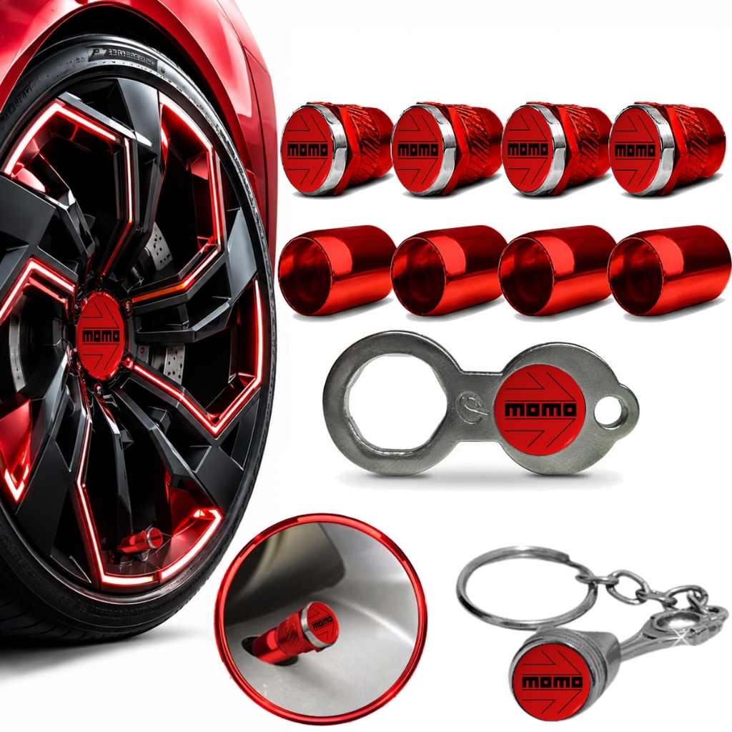 Jogo para 04 Rodas Antifurto MOMO Vermelho Roda Metal Inox Tampa Válvula Pneu Pito