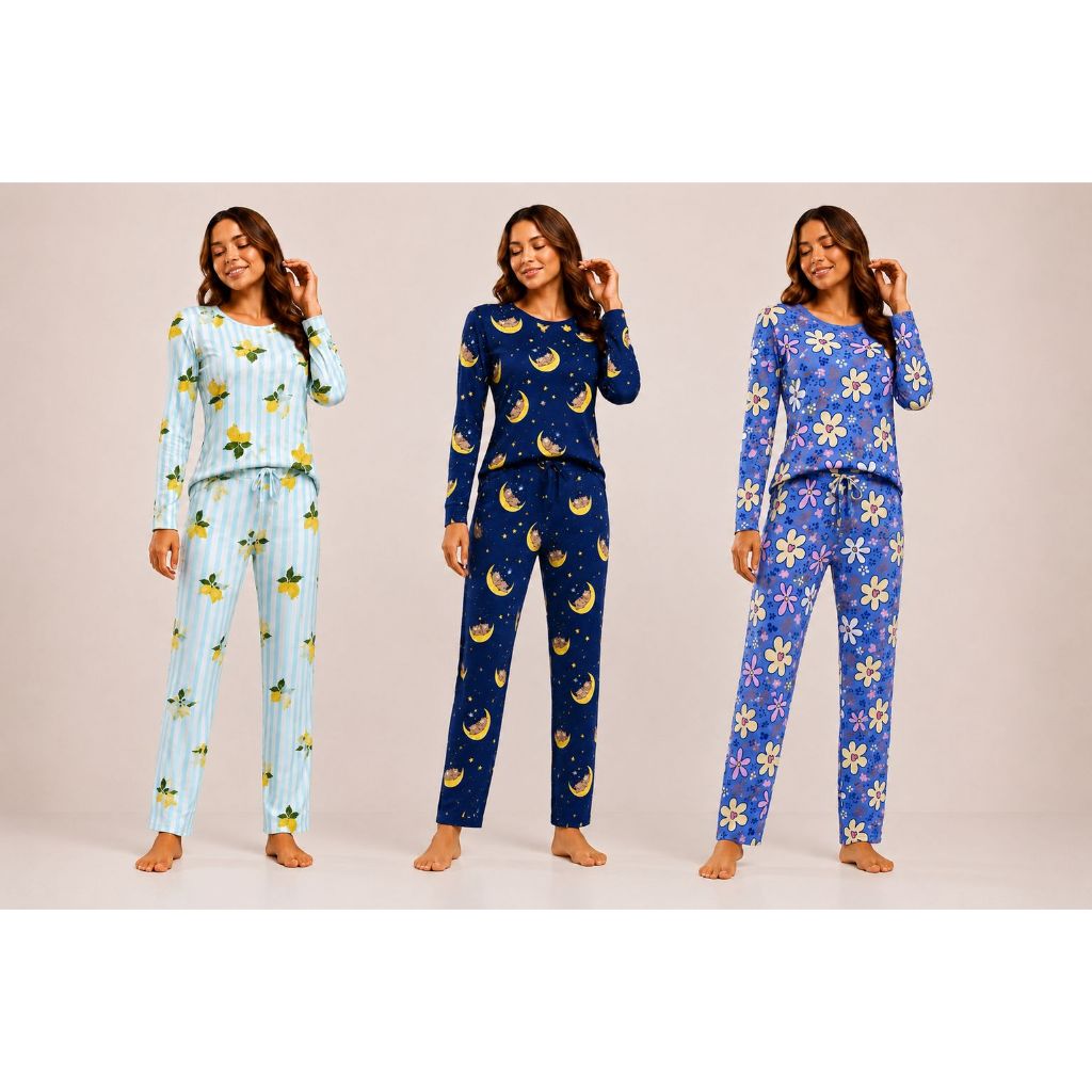 Kit 03 Pijama Suede Feminino Longo Inverno Estampado Blogueira Linha Noite Pijama Frio Calça e Blusa