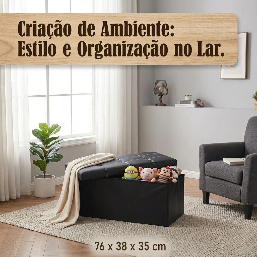 Puff Baú Estofado Preto Organizador Sapateira Banco Multiuso Sala Quarto Porta Objetos