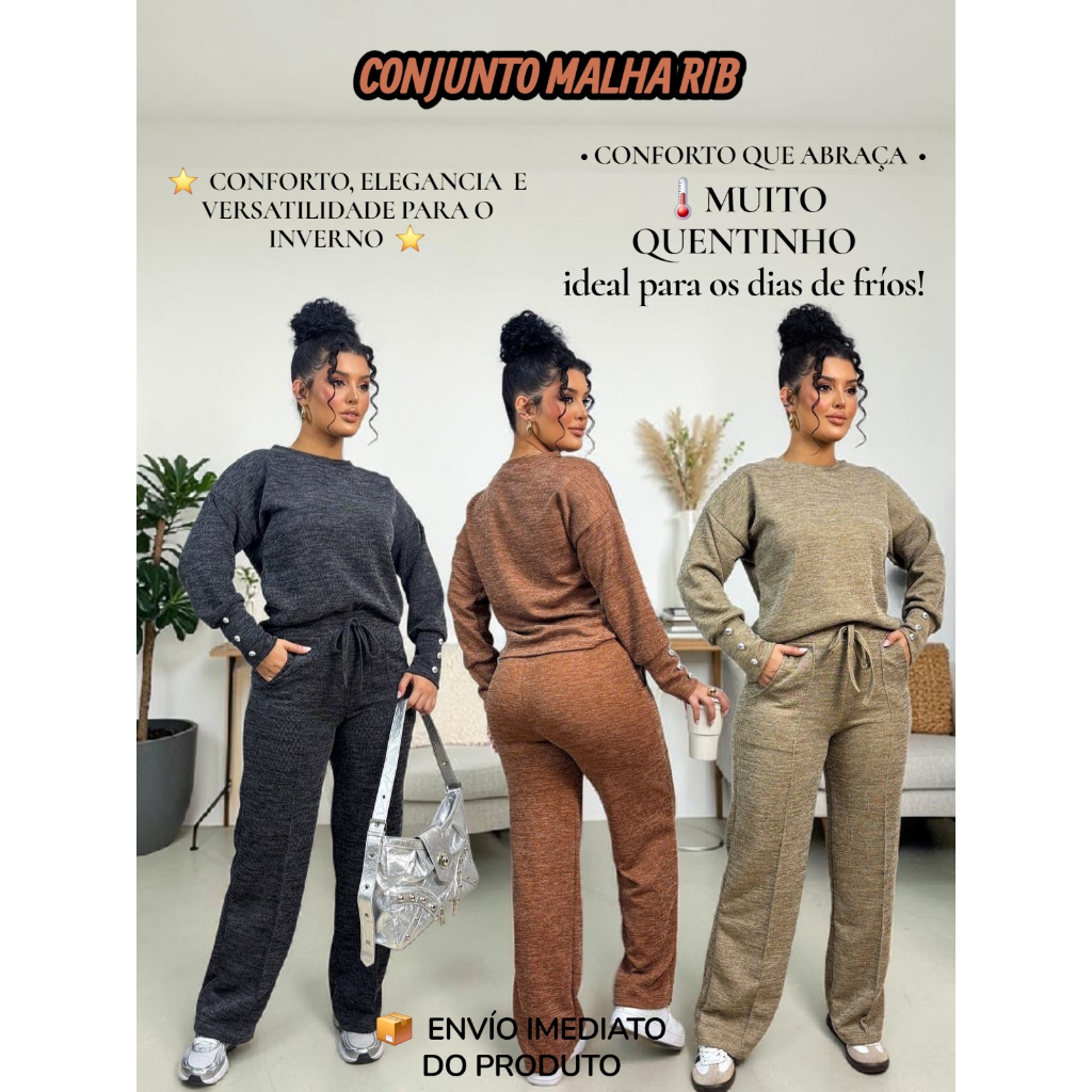 Conjunto Feminino 2 Peças Blusa e Calça Pantalona - Tecido Lanzinha Malha Rib - Conjunto de Frio  M-G-GG