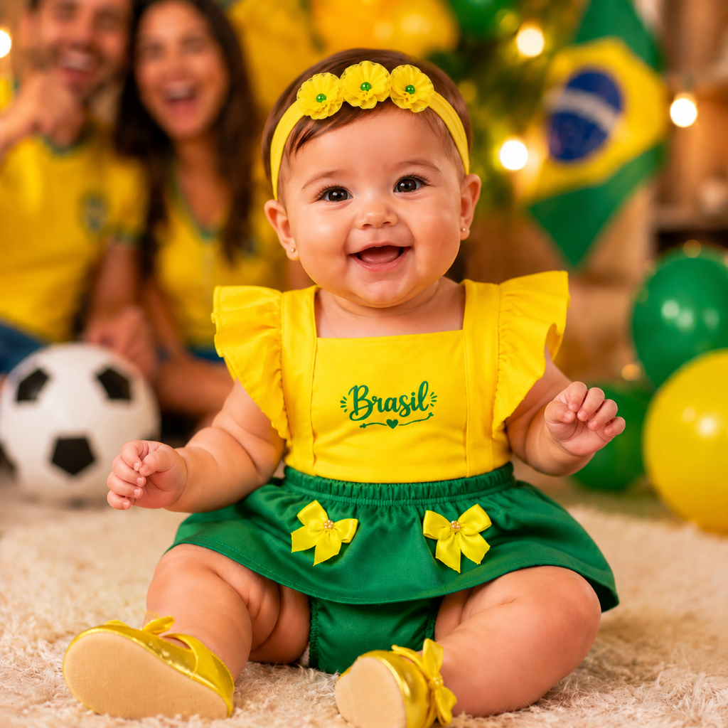 Conjunto Bebê Menina Brasil Copa do Mundo Body Saia Azul Branco Verde Amarelo Roupa Infantil Seleção