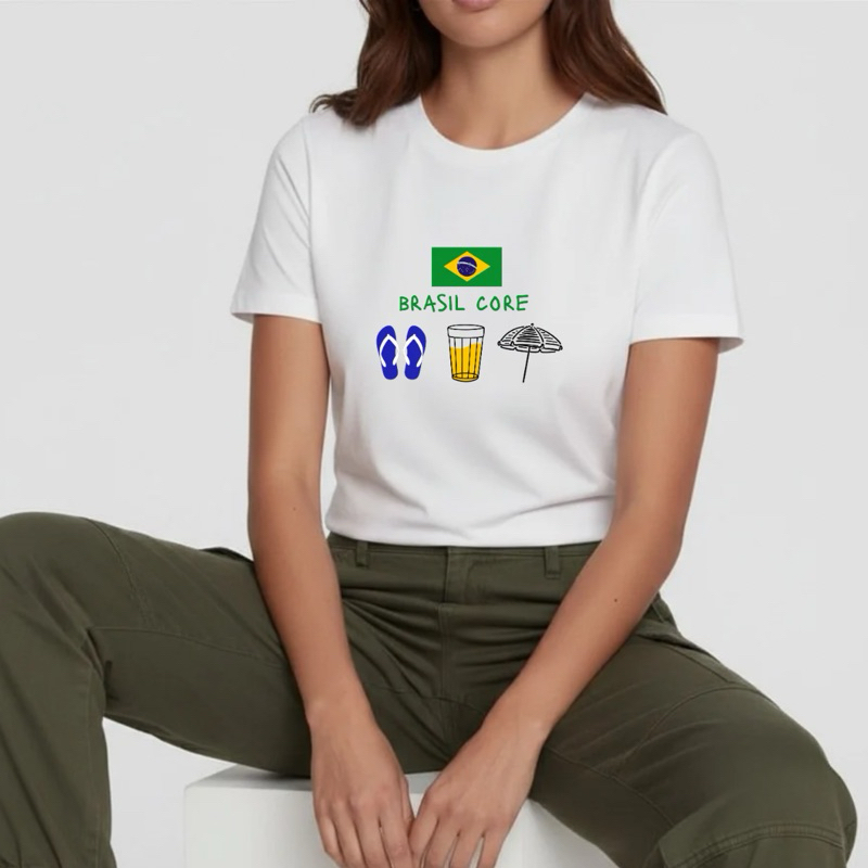 Camiseta Basica Feminina Brasil Core Bandeira Seleção Brasileira Confortavel Algodao