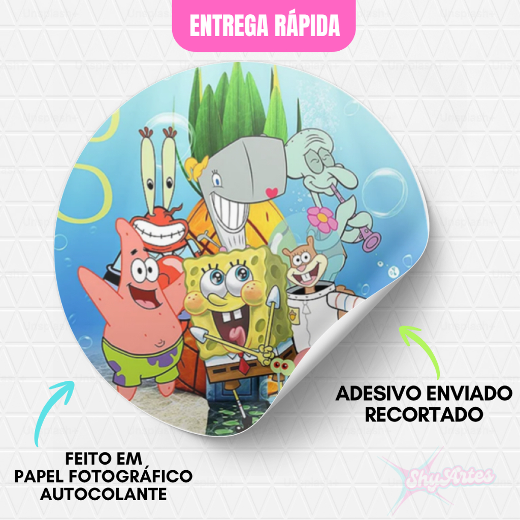 50 ADESIVOS BOB ESPONJA TAMANHO 4X4 - ANIVERSÁRIO, DECORAÇÃO, ENFEITE PARA FRASCOS, MIMOS, MESVERSÁRIO