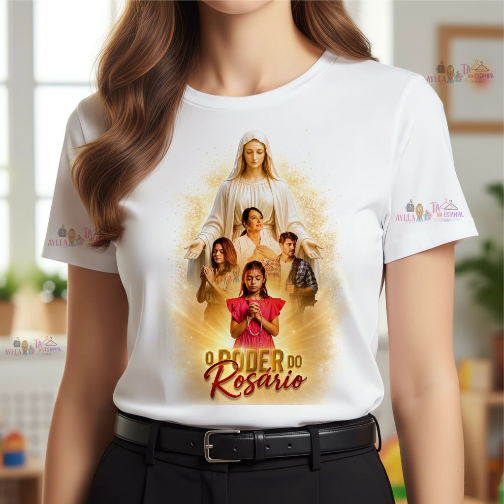 Tshirt COLORIDA Blusa feminina FILME O PODER DO ROSÁRIO, CATOLICA, CRISTÃ, SANTO ROSARIO, TERÇO  ,PLUS SIZE