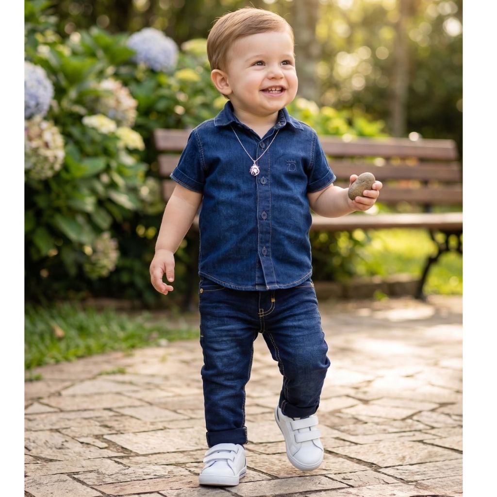 Kit Infantil Menino Camisa Jeans Manga Curta + Calça Jeans Premium Com Lycra Regulagem Interna Tamanho 1 ao 16