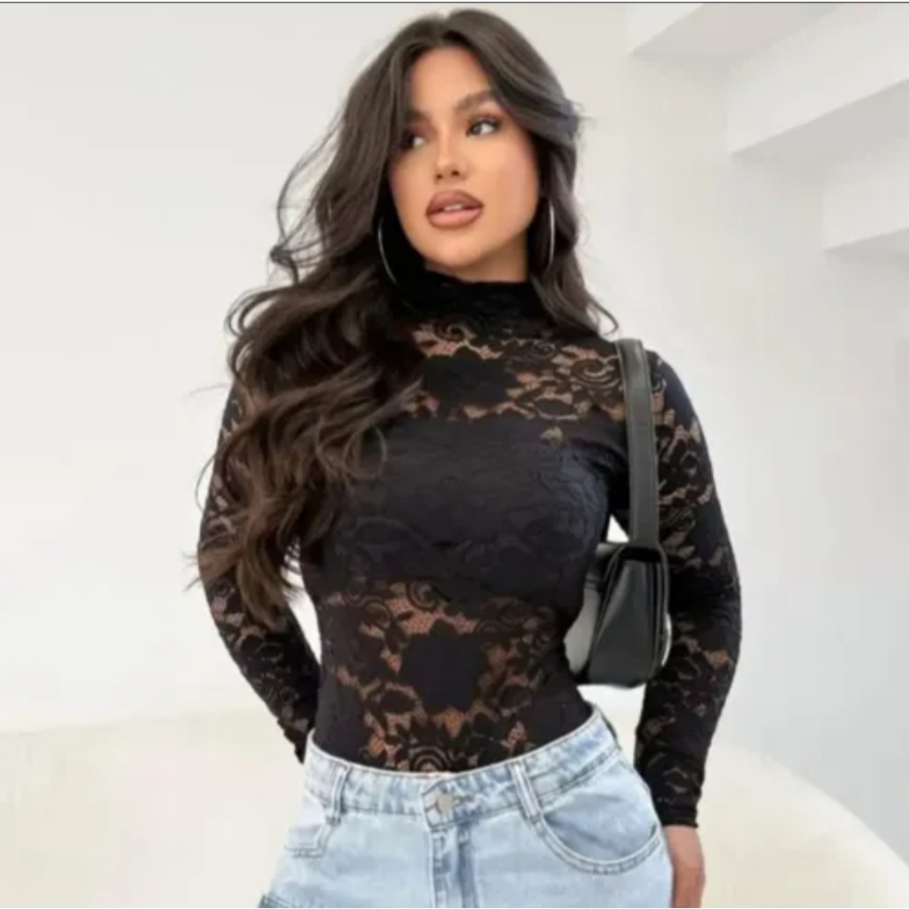 bory feminino transparente manga comprida tule renda preto marrom branco