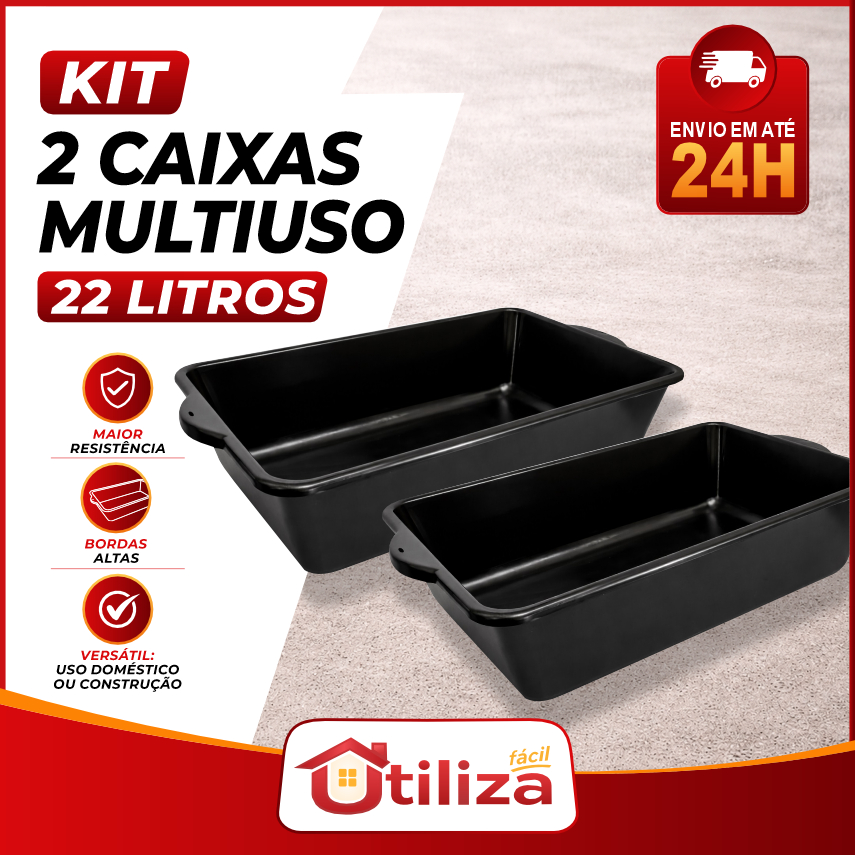 Kit 2 Caixa Plastica Para Massa Retangular Obras Areia Gato Multiuso Reforcada 22L