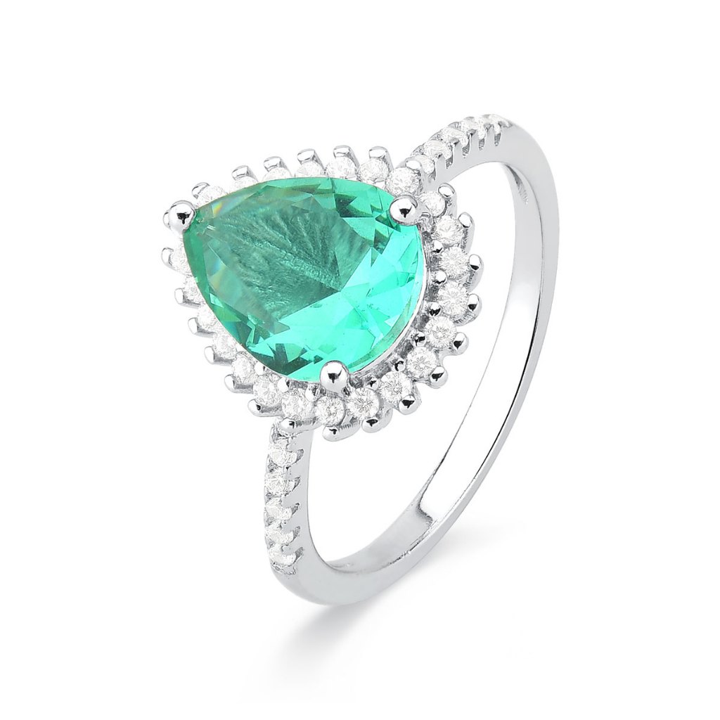 Anel de Prata 925 Gota Verde Água Cravejada com Moissanite