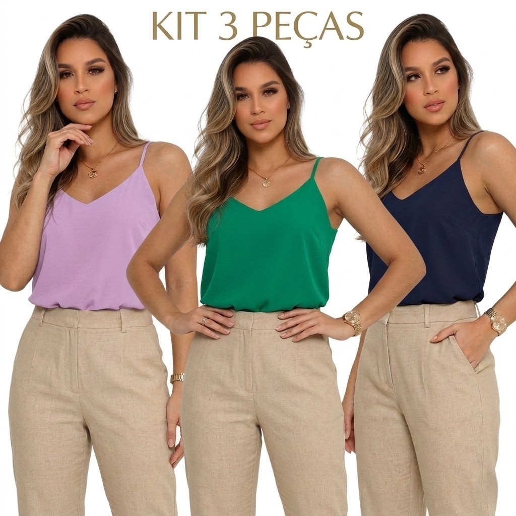 KIT 3 Blusas Regata Feminina Alça Regulável Blusinha Alcinha Gola V