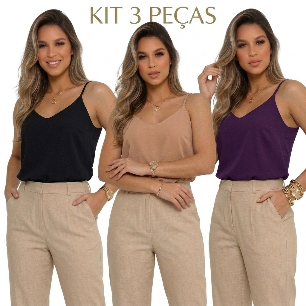 KIT 3 Blusas Regata Feminina Alça Regulável Blusinha Alcinha Gola V