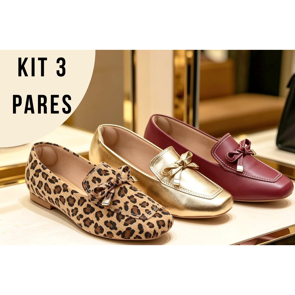 KIT 3 PARES DE SAPATILHA FEMININA MOCASSIM FEMININO DOURADO METALIZADO + ONÇA +VERMELHO MARSALA