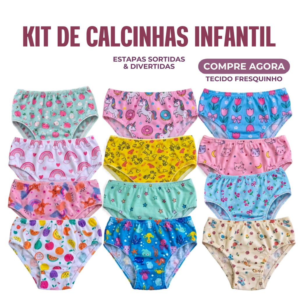 Kit Calcinhas Infantil Menina Com Forro Malha Macia Confortável Criança 10-05 UN Não Aperta P M G GG