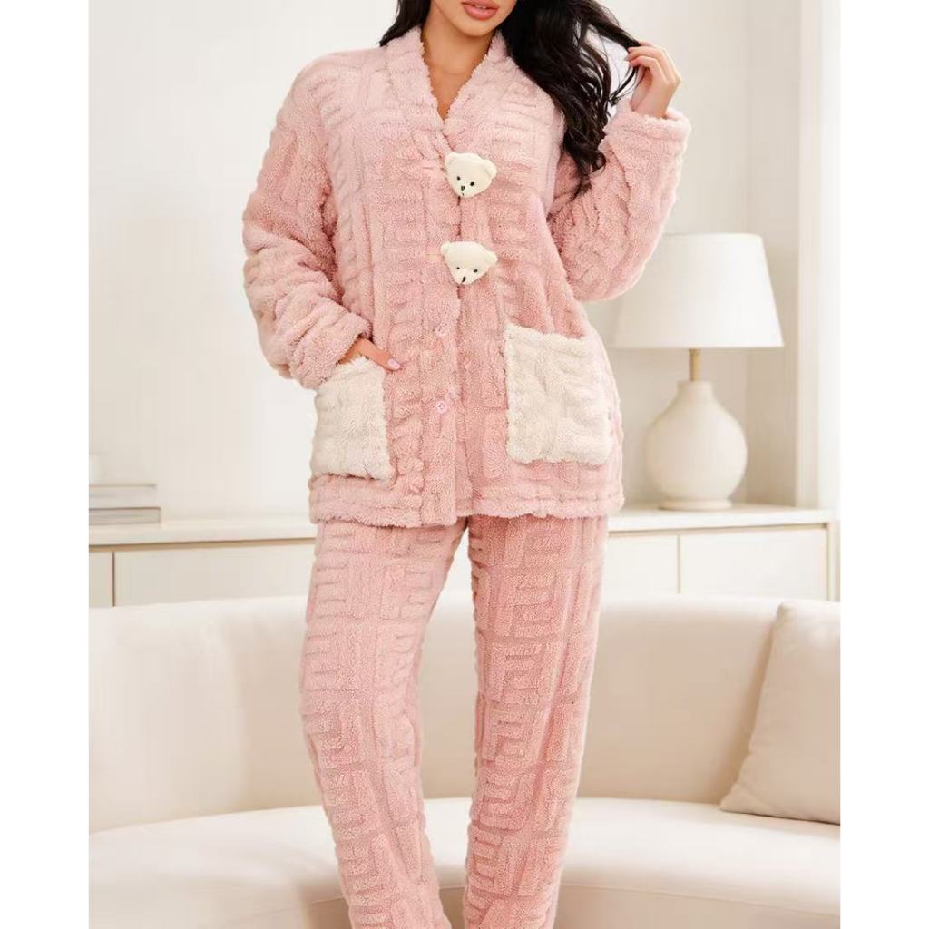 Conjunto Pijama FEMININA Fleece TED SOFT QUENTINHO INVERNO ESTILO COREANO Aberto Com BOTAO DETALHE URSINHO-5675