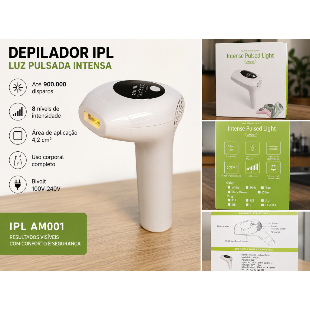 Depilador a Laser IPL AM001 Luz Pulsada 900.000 Disparos Corpo Inteiro Preço sugerido Venda rápida: R$ 129,90 Preço de