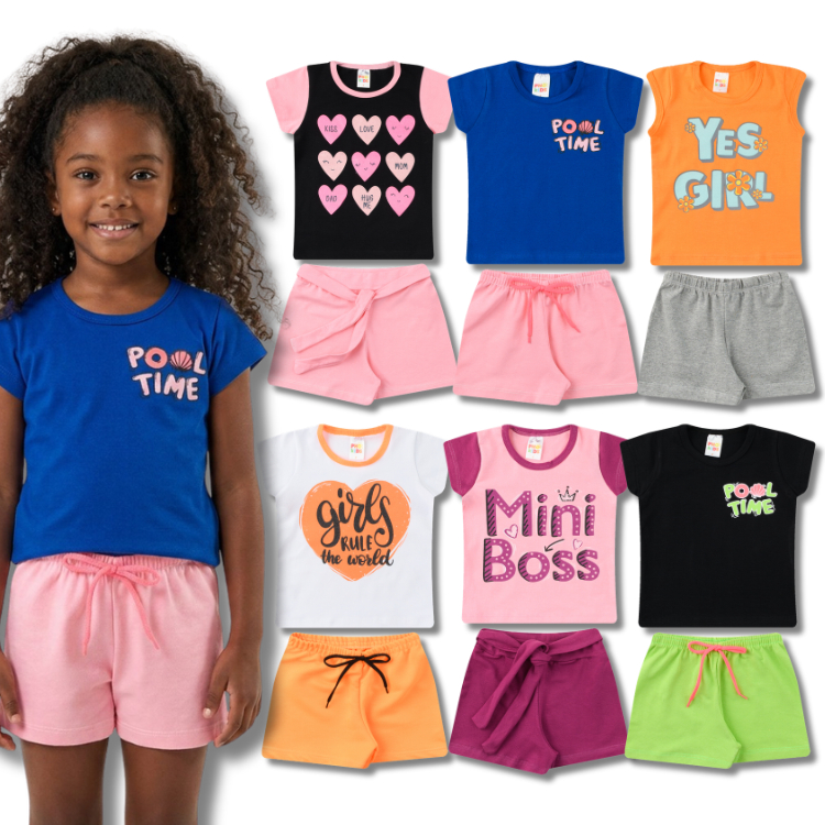 Kit 4 Conjuntos Sortidos Feminino Roupa Bebê Infantil - Blusa Manga Curta + Short Menina Verão