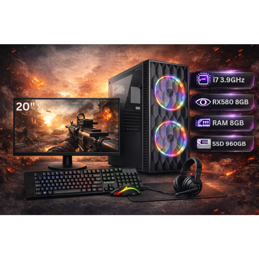 Computador Gamer Intel Core i7 + RX580 8GB + SSD 960GB + 8GB de RAM + Monitor 20"