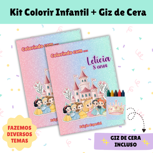 Kit Colorir Princesa Cute Personalizado com Nome e Idade | Lembrancinha Festa Infantil com Giz de Cera | 10 a 50 unidade