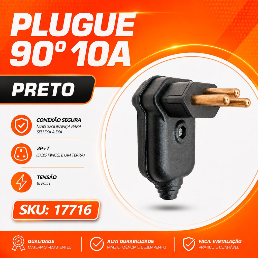 Pino Plugue Macho 90º 2P+T Maciço 10A Preto Com Prensa cabo MarGirius 17716