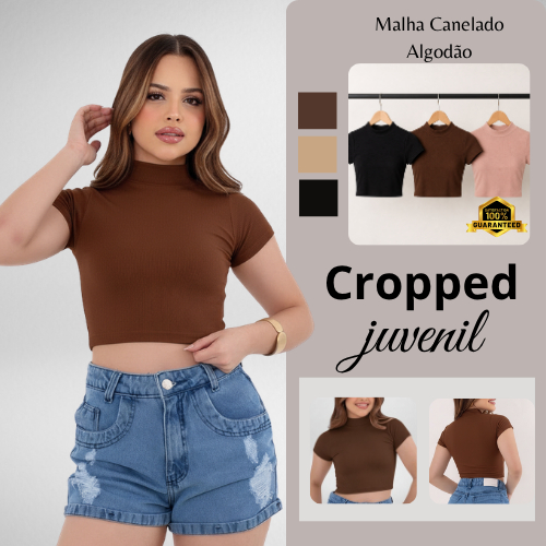 Blusa Cropped Canelado Feminino Juvenil com Gola Alta Tendência Blogueira Casual Básica e Estilosa