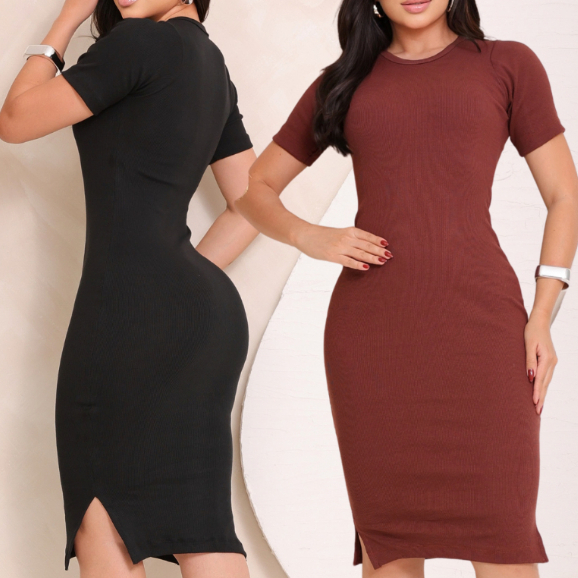 Kit 2 Vestido Feminino Midi Ribana Canelado Casual Elegante Confortável Dia A Dia