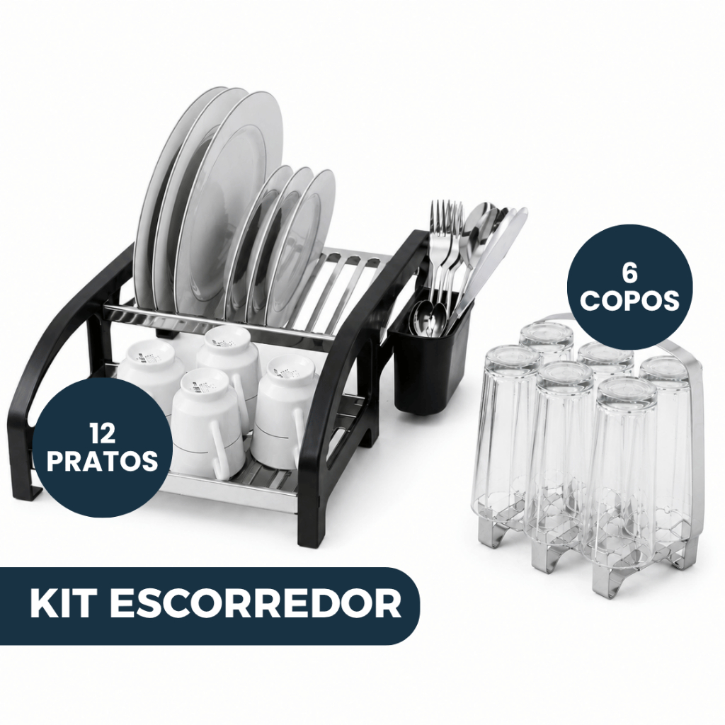 Kit Escorredor de Louça 12 Pratos Inox Preto Porta Talher Cama + Escorredor Porta Copos Inox 6 Un