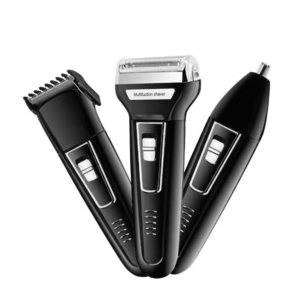 Máquina Barbeador Elétrico 3 em 1 Aparador de Barba Cabelo Pelos Recarregável Prata/Dourado (DL-9001)