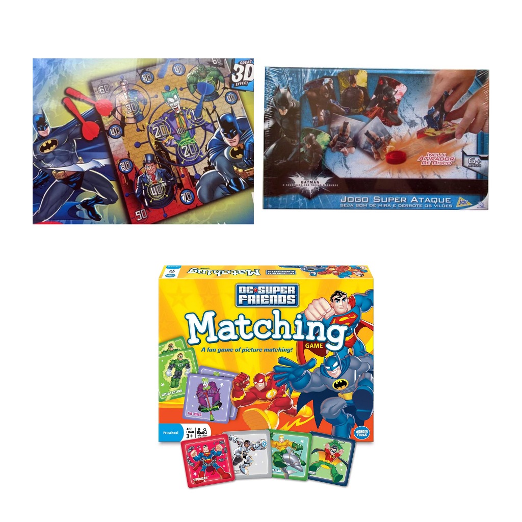 Kit Jogos Batman Infantil 3 Jogos Dardos + Tabuleiro + Memória DC Super Friends